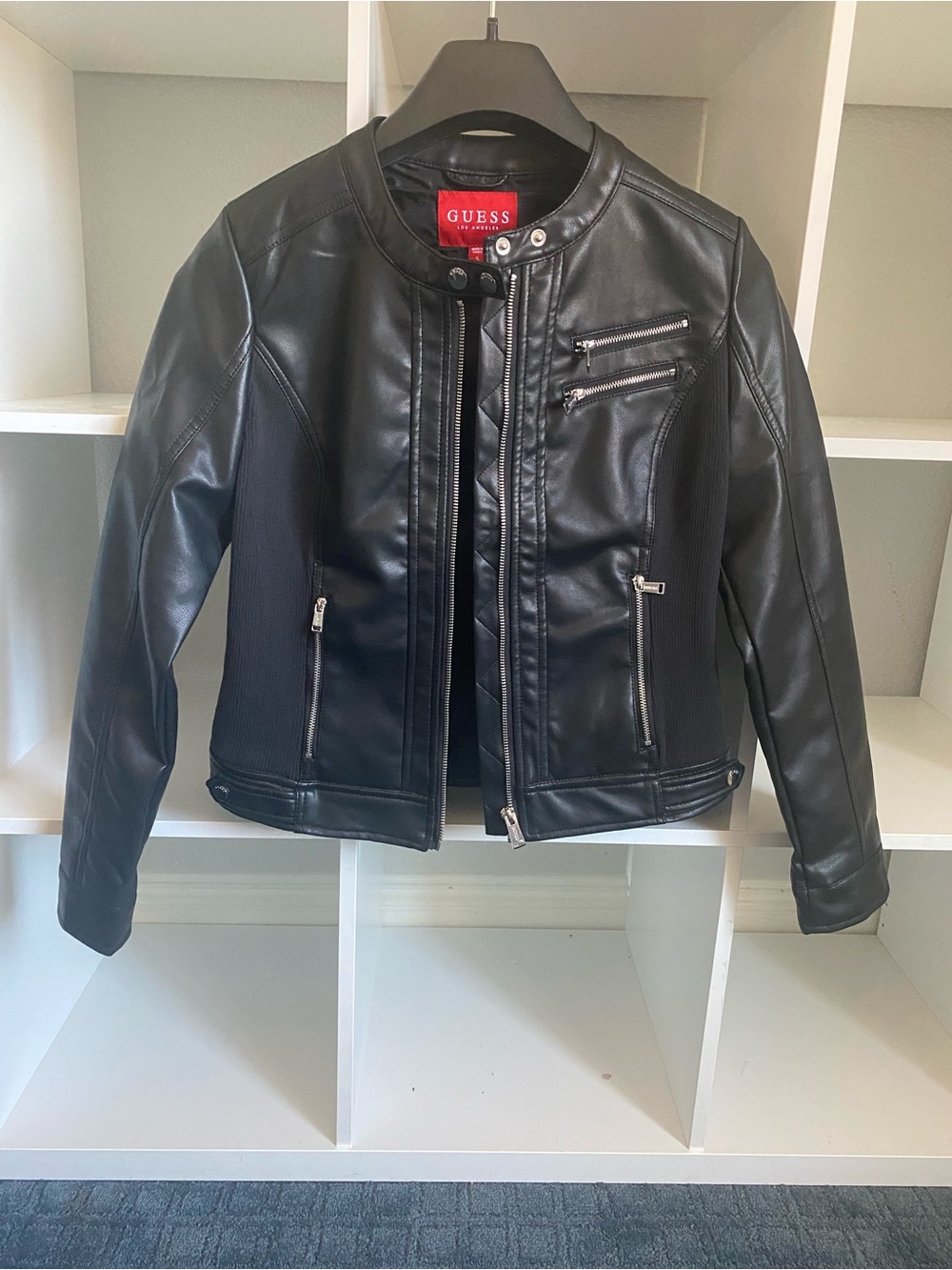 GUESS Black Faux Leather Jacket with Red Label
